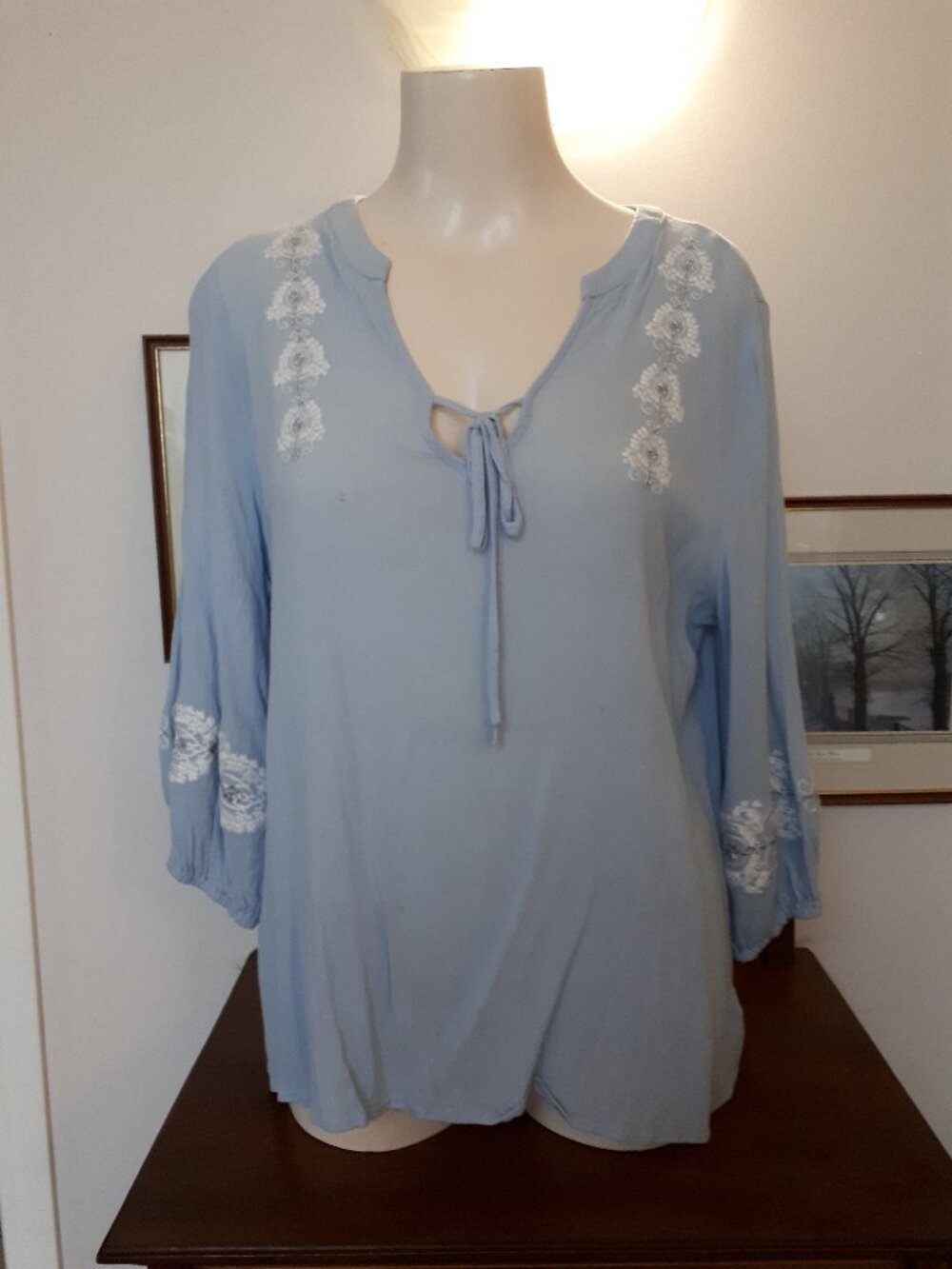 Top - Baby Blue - Sz. L -Beautiful Embroidery work in white & silver